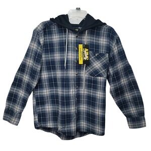 AZUR Hommes Plaid Flannel Hooded Shirt Blue White LongSleeve M Work Grunge Retro